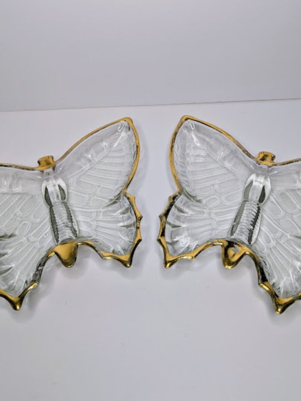 Vintage Jeannette Glass Butterfly Dishes 22K Gold Trim Set of 2